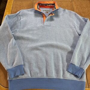 Orvis Sweater Mens Sz Medium Signature Classic Blue Orange 1/4 Zip Snap Pullover